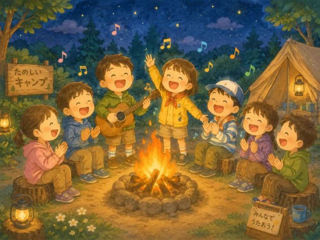 キャンプファイヤーを囲んで歌う子どもたちのイラスト