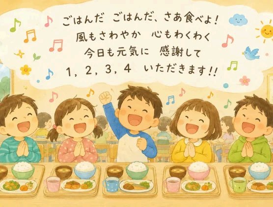 食堂でいただきますをする子どもたちのイラスト